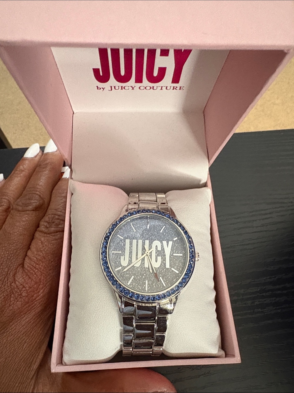 Juicy Couture Silver Tone Sparkle Dial Watch with Blue Crystal Bezel
